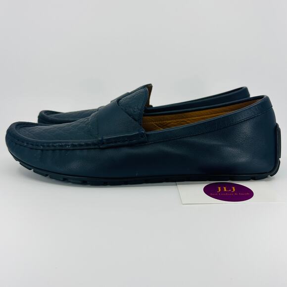 Gucci Men's Microguccissima Navy Blue Leather Slip On Driver Loafers Size 9 - Picture 7 of 16